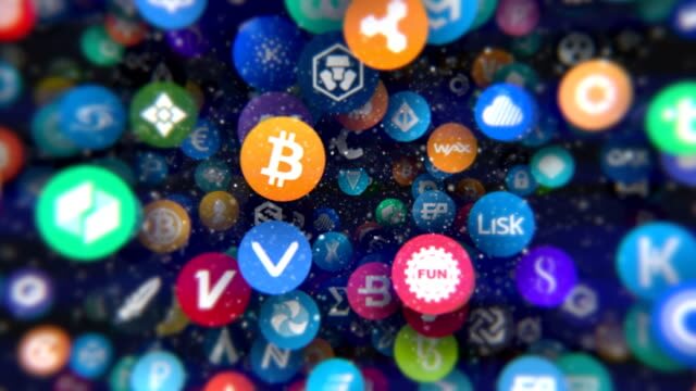 This image contains bitcoin, altcoin, and ERC-20logos floating around.