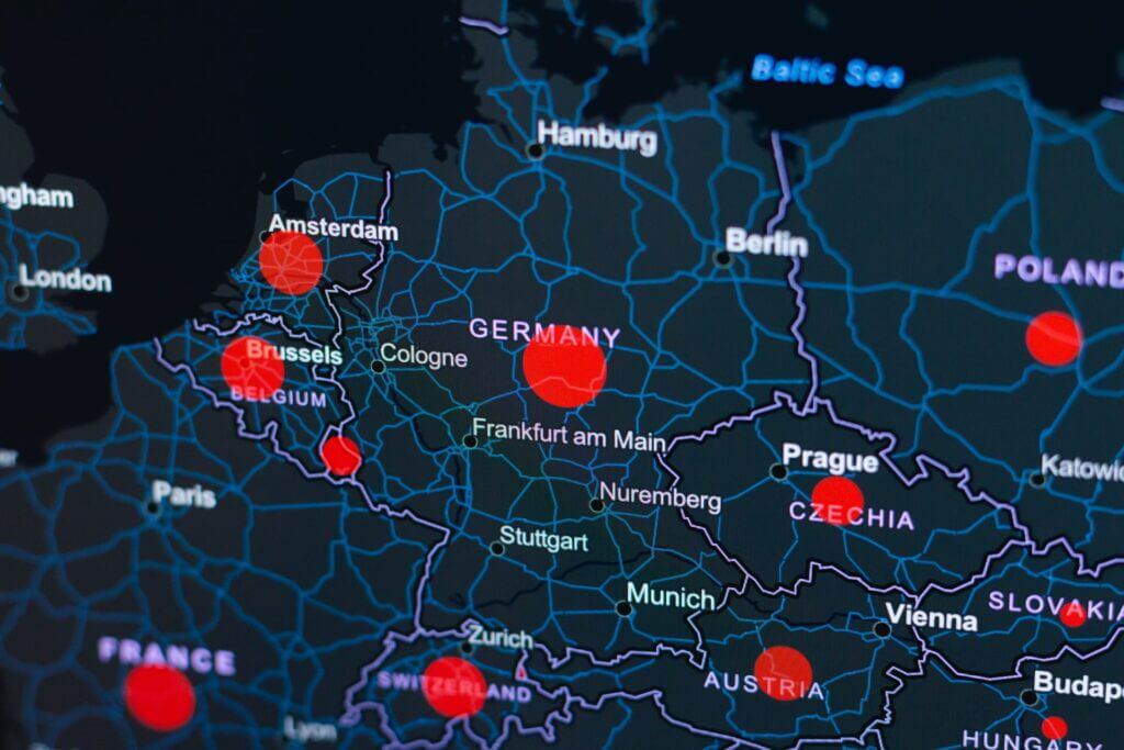 A map of the EU map with a few cities highlighted in red.