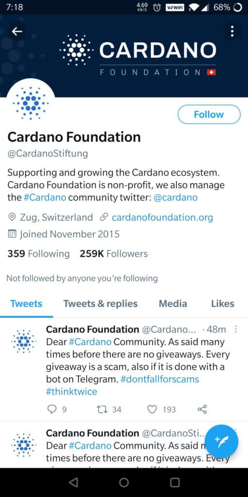 Cardano Foundation giveaway notice avoid scams