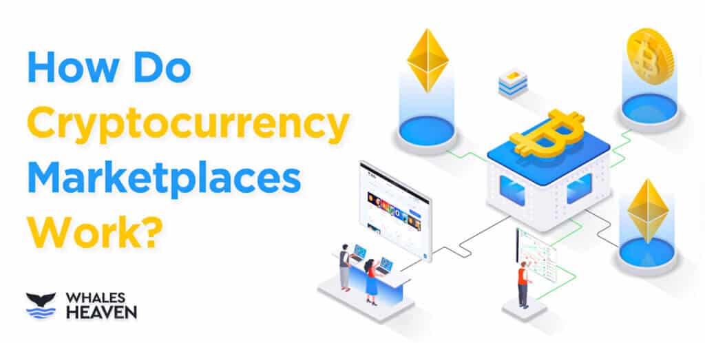 two groups of people trading in a cryptocurrency marketplace between bitcoin and ethereum on Whalesheaven.