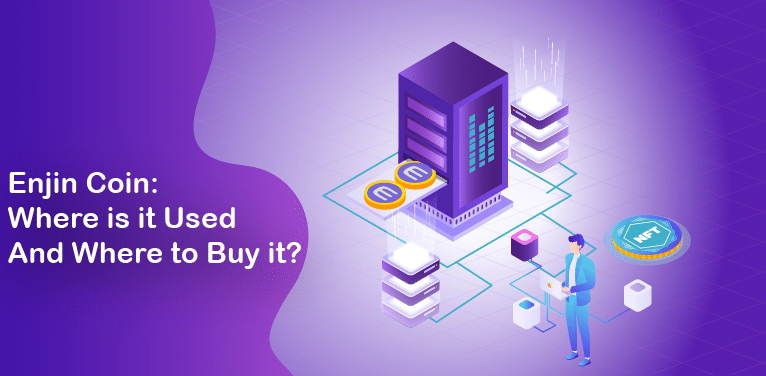 Enjin coin logos coming out of a blockchain illustration while a person stands trying to buy it
